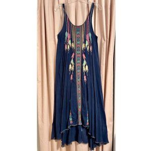 Johnny Was Blue Sleeveless Boho Embroidered Trapeze Dress with Under Slip